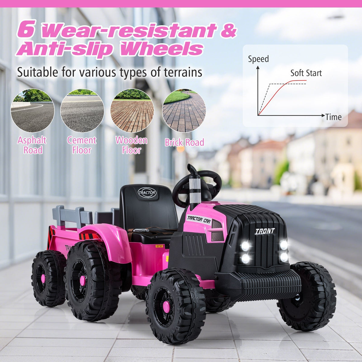 Kids riding a 24V GBruno Store electric tractor with detachable trailer and remote control, outdoors on a grassy area.