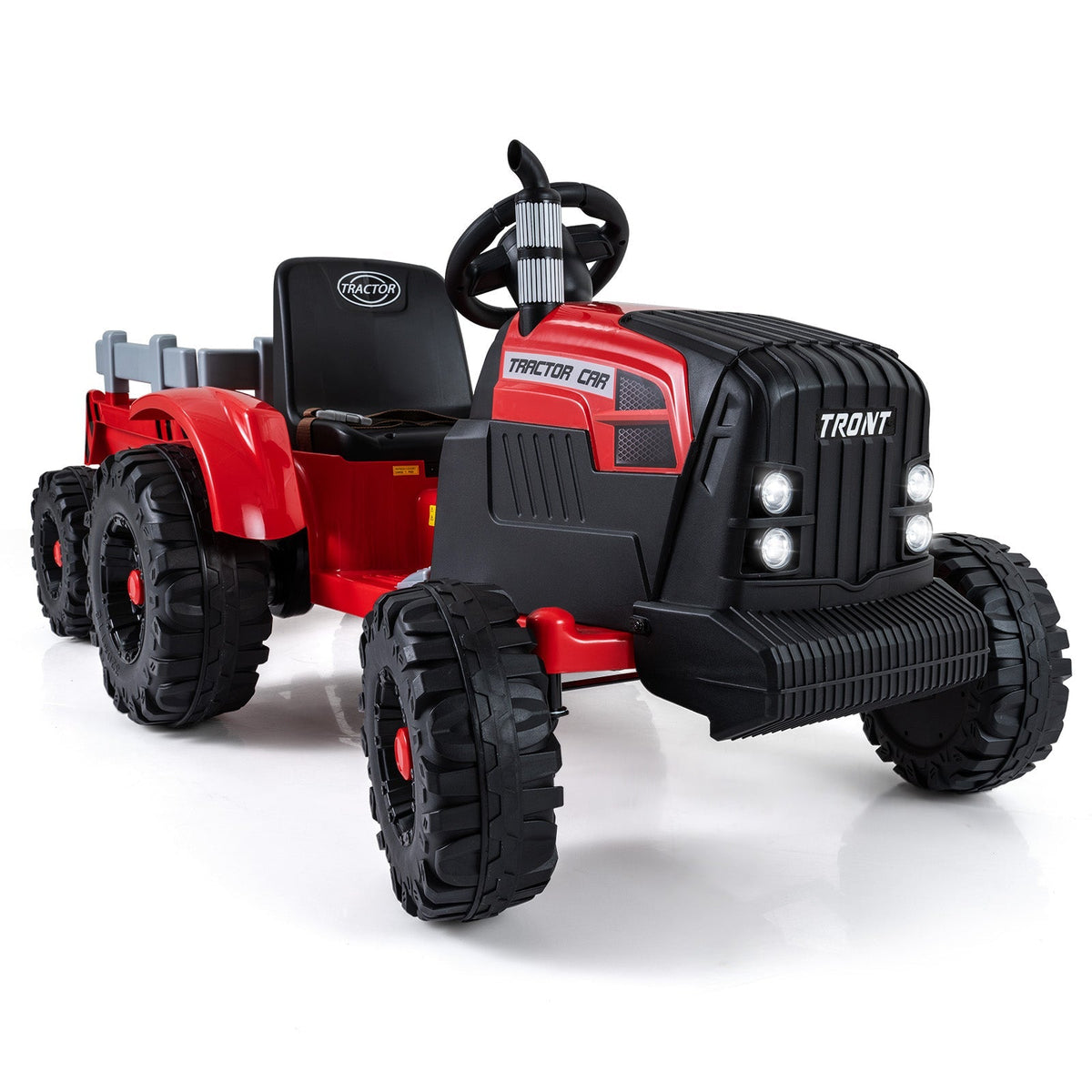 Kids riding a 24V electric ride-on tractor with a detachable trailer and remote control from GBruno Store.
