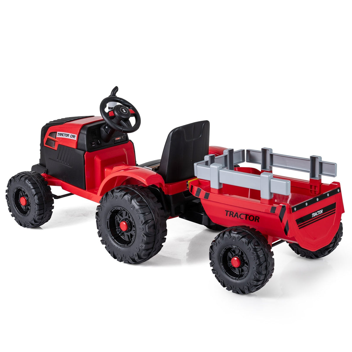 Kids riding a 24V electric ride-on tractor with a detachable trailer and remote control, designed for outdoor play.