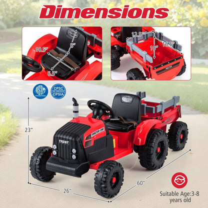 Kids riding a 24V electric ride-on tractor with a detachable trailer and remote control, designed for outdoor play.