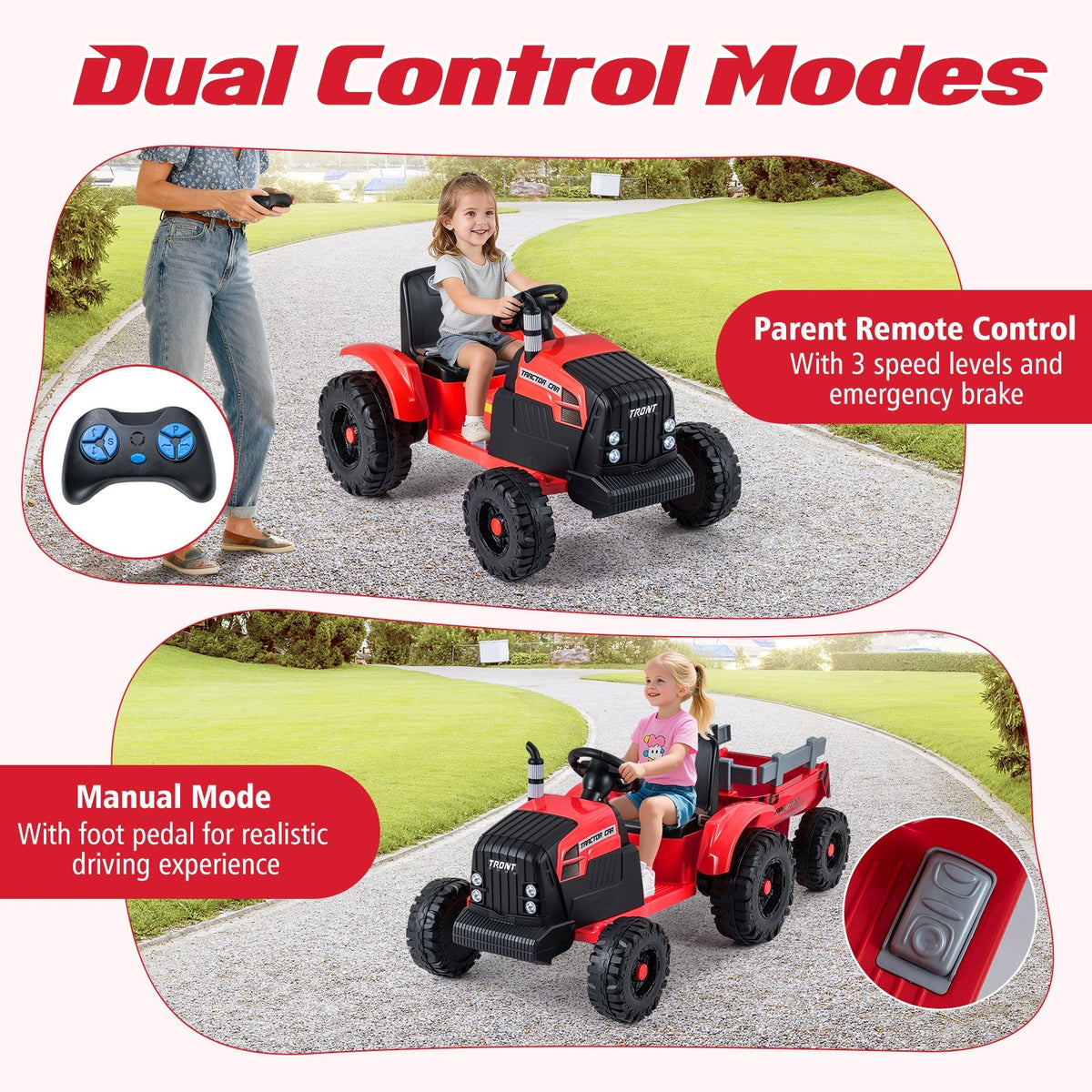 Kids 24V ride-on tractor by GBruno Store with detachable trailer and remote control, suitable for outdoor play and riding fun.