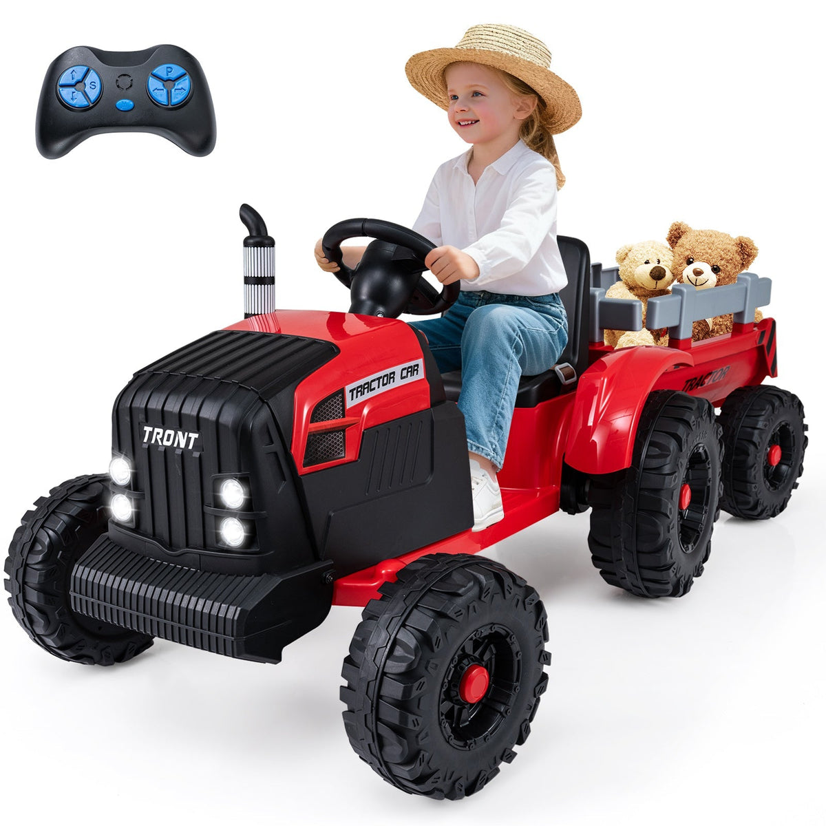 Kids riding a 24V electric ride-on tractor with a detachable trailer and remote control for easy driving.