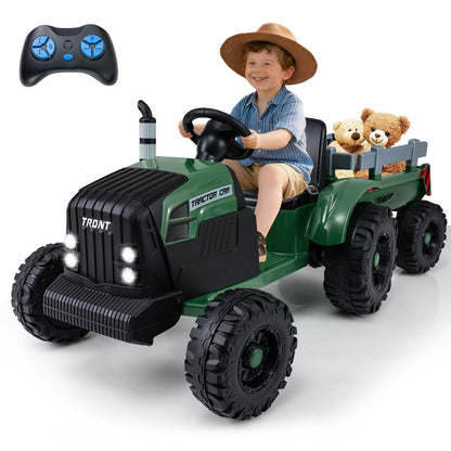 Kids' 24V electric ride-on tractor with detachable trailer and remote control, styled like a farm tractor for children.