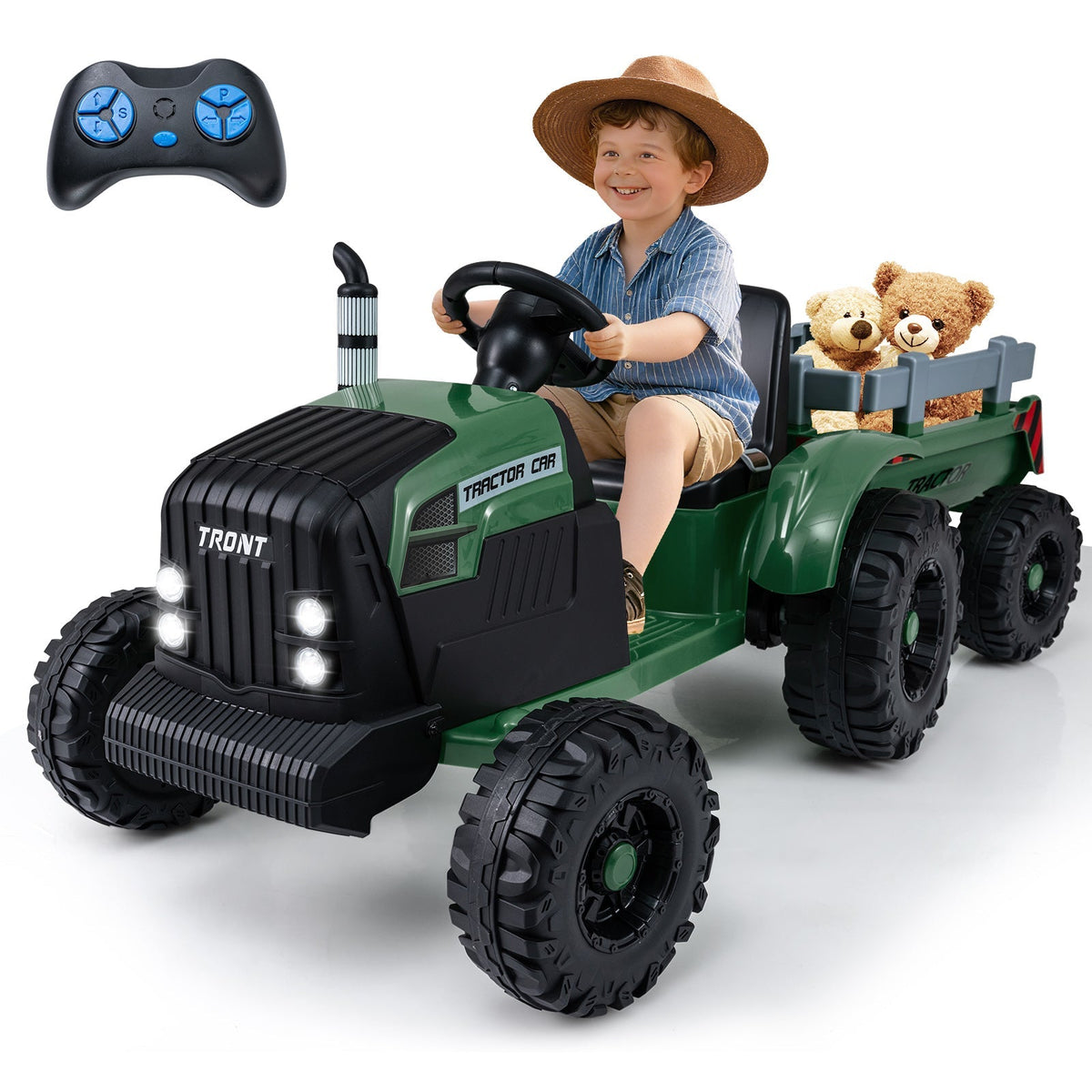 Kids riding a 24V GBruno Store electric ride-on tractor with a detachable trailer and remote control in a backyard setting.