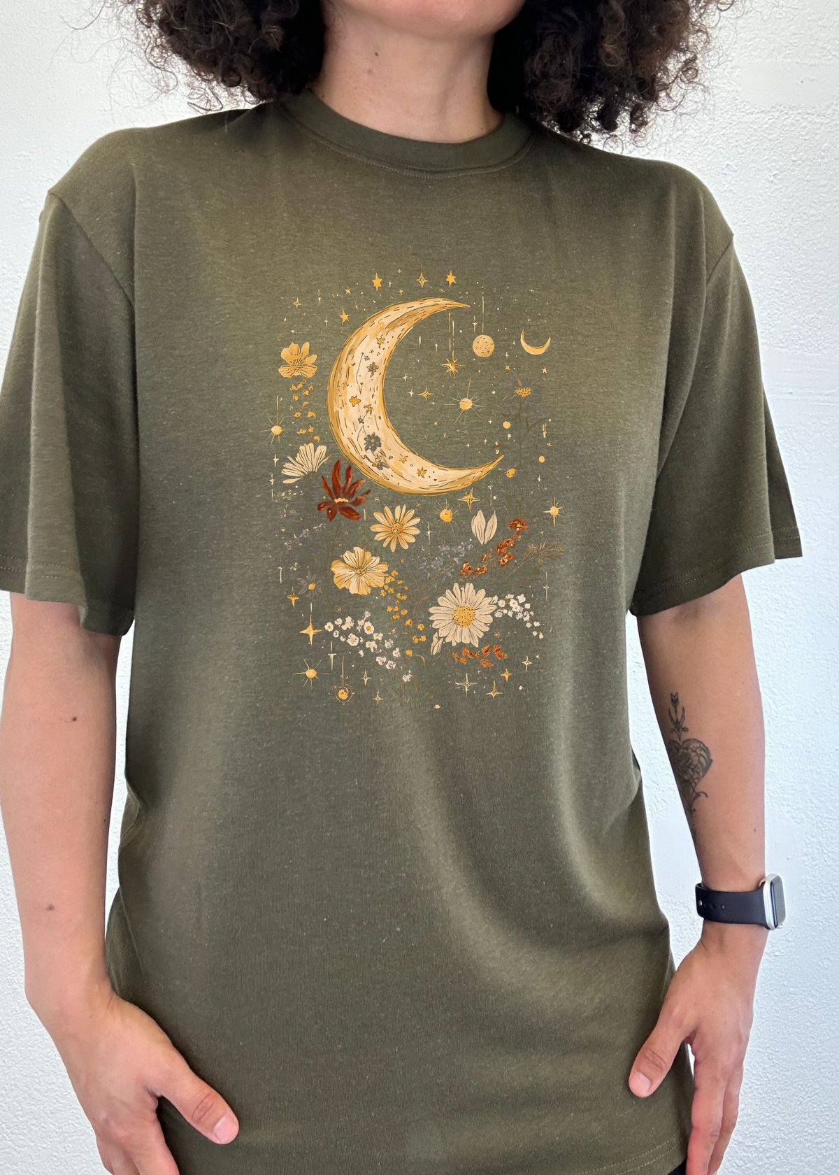 Men's printed T-shirt by Spun Bamboo featuring celestial moon, boho flowers, vintage design in bamboo and cotton fabric.