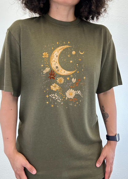 Men's printed T-shirt by Spun Bamboo featuring celestial moon, boho flowers, vintage design in bamboo and cotton fabric.
