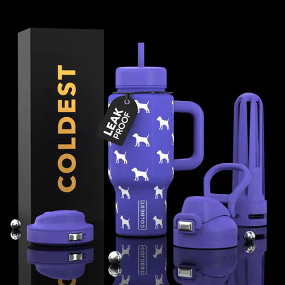 Coldest Limitless Ultra V8 24oz water bottle with a playful puppy design, featuring a clear body and colorful lid.