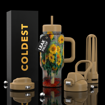 Coldest 24oz Limitless Ultra V8 tumbler with sunflower bouquet design, featuring a clear lid and colorful floral pattern.