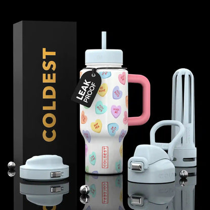 Coldest Limitless Ultra v8 24oz sports water bottle with colorful candy heart design on a white background