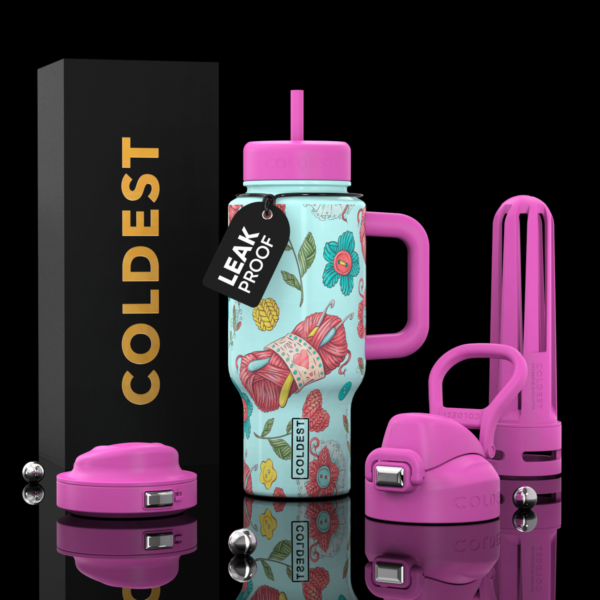 Coldest Limitless Ultra V8 24oz stainless steel tumbler with a crochet-inspired design and leak-proof lid.