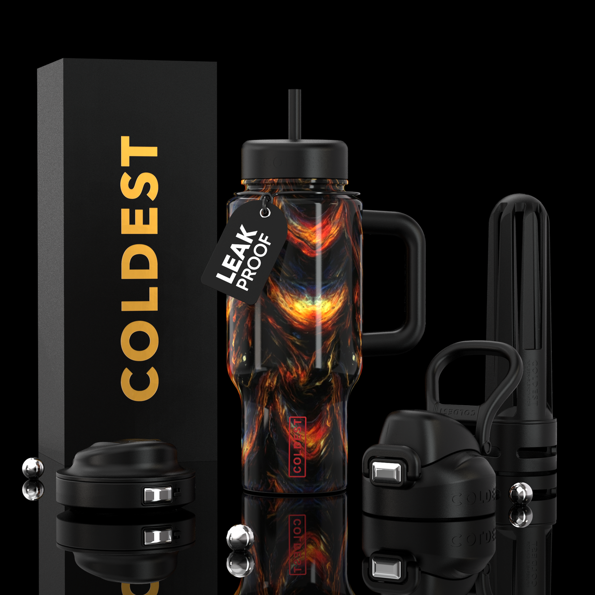 Coldest Limitless Ultra v8 24oz dark fire tumbler showing a sleek black design and durable construction for hot and cold drinks.