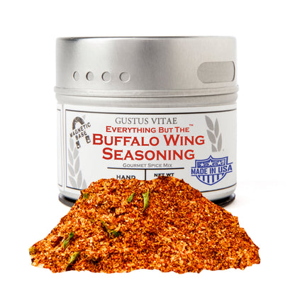 Gustus Vitae Everything But The Buffalo Wing Seasoning in a jar, gourmet seasoning blend with vibrant red and orange spices, flavorful and versatile.