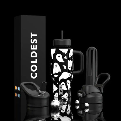 Coldest Limitless Ultra v8 24oz ghost-themed water bottle with black lid and sleek design