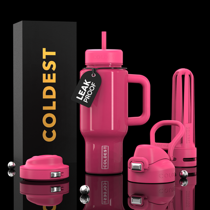 Coldest Limitless Ultra v8 24oz glossy pink tumbler with a sleek design and lid, ideal for drinks on the go.