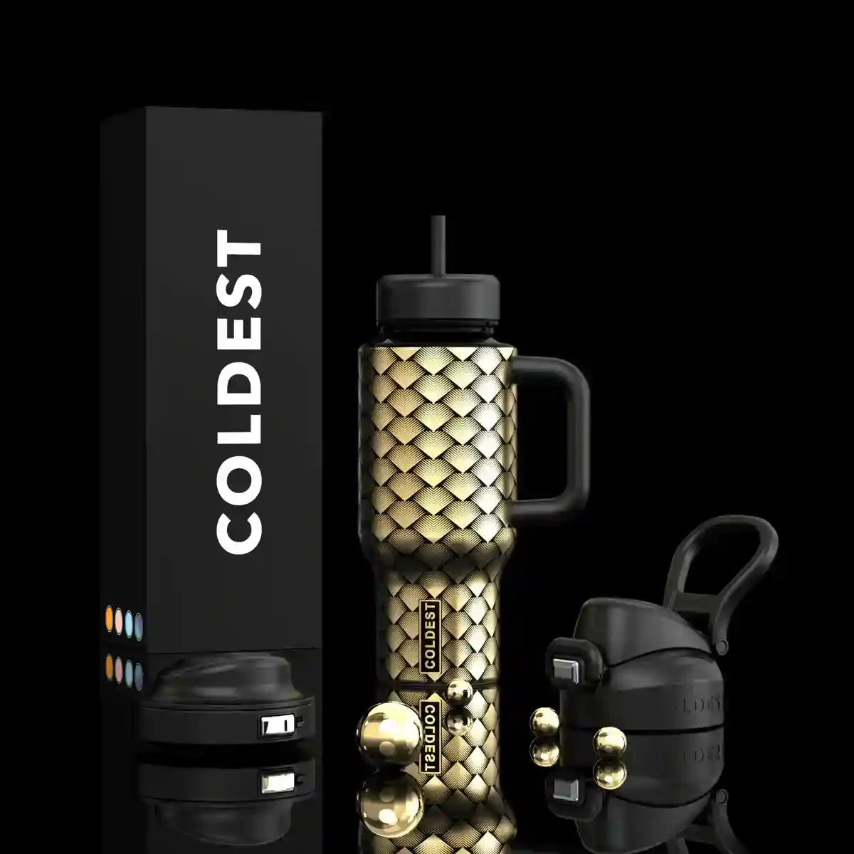 Coldest Limitless Ultra v8 24oz tumbler with a gold dragon design, stainless steel body, and secure lid for beverages.