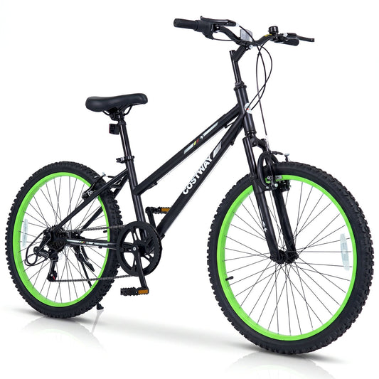 24-inch kids mountain bike with 7-speed adjustable suspension, featuring a sturdy frame and colorful design for young riders.