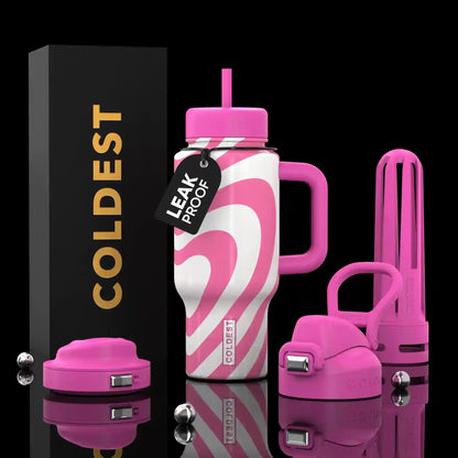 Coldest Limitless Ultra v8 24oz water bottle with a colorful LovePop design, featuring a sleek stainless steel body.
