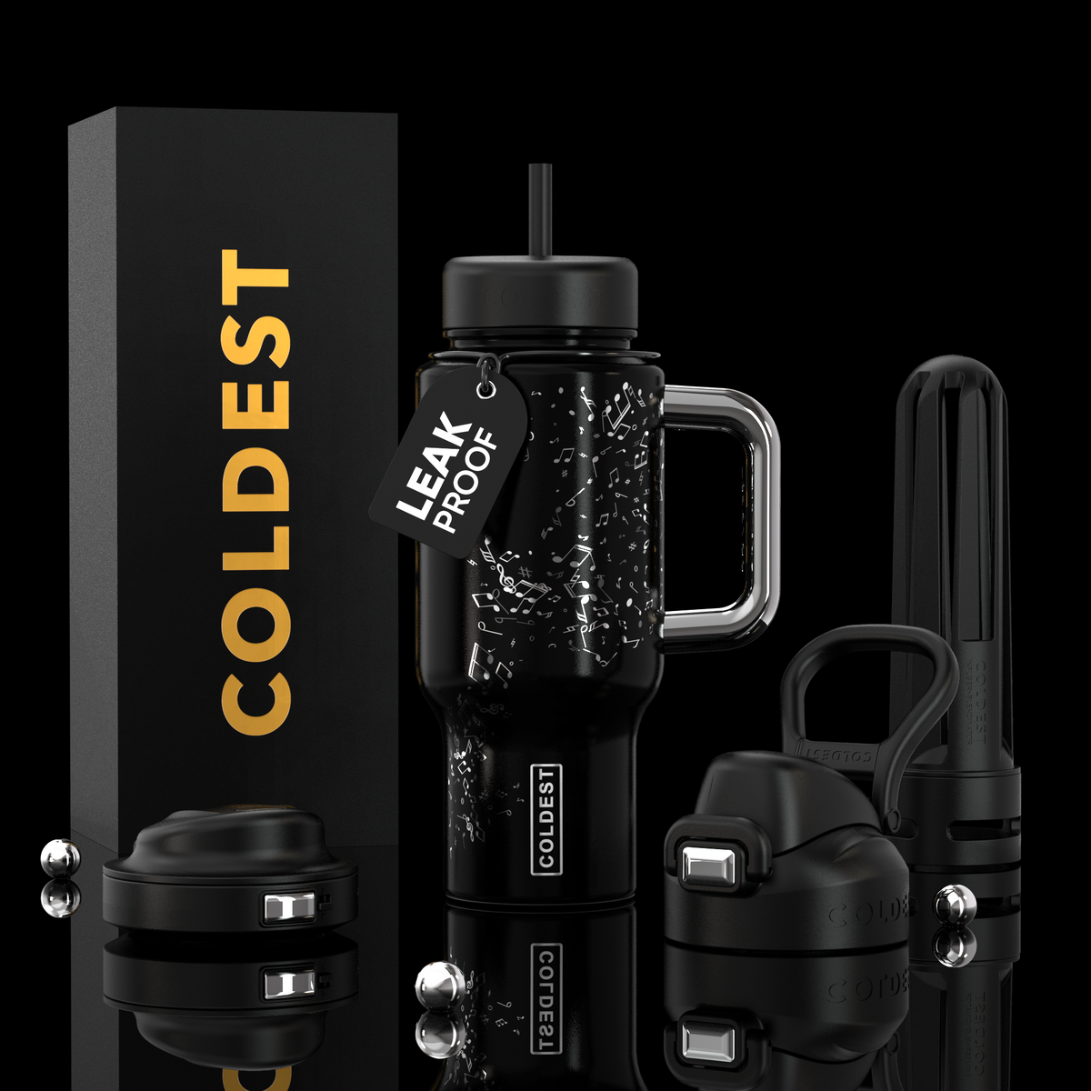 Coldest Limitless Ultra v8 24oz insulated tumbler with a music-themed design in black and silver.