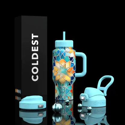 Coldest Limitless Ultra v8 24oz tumbler with a sleek black and gold design, featuring a spill-proof lid and ergonomic grip.