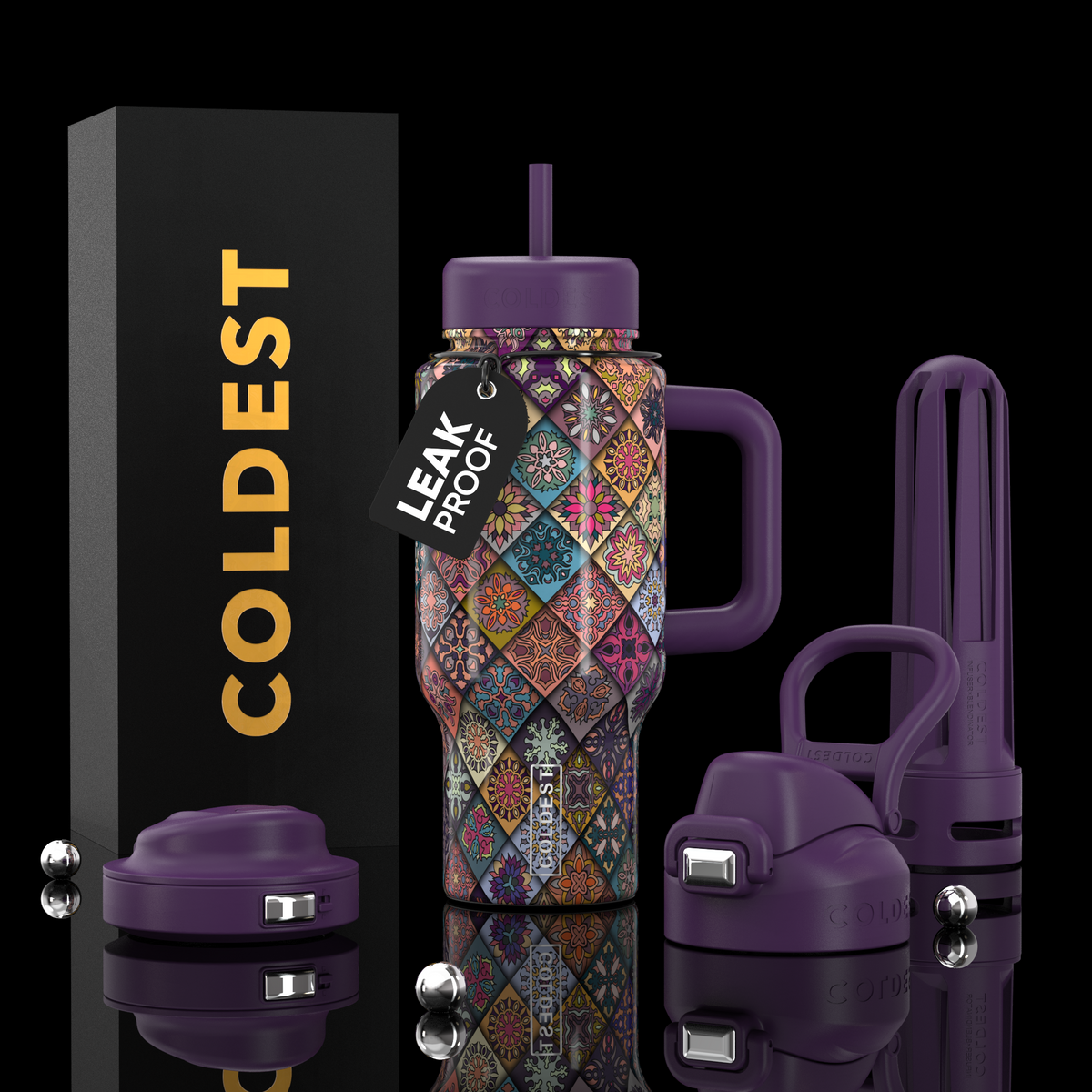 Coldest Limitless Ultra v8 24oz water bottle with mosaic bloom design, durable stainless steel, and leak-proof lid.