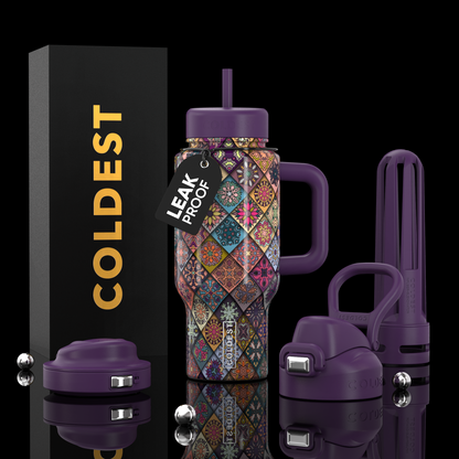 Coldest Limitless Ultra v8 24oz water bottle with mosaic bloom design, durable stainless steel, and leak-proof lid.