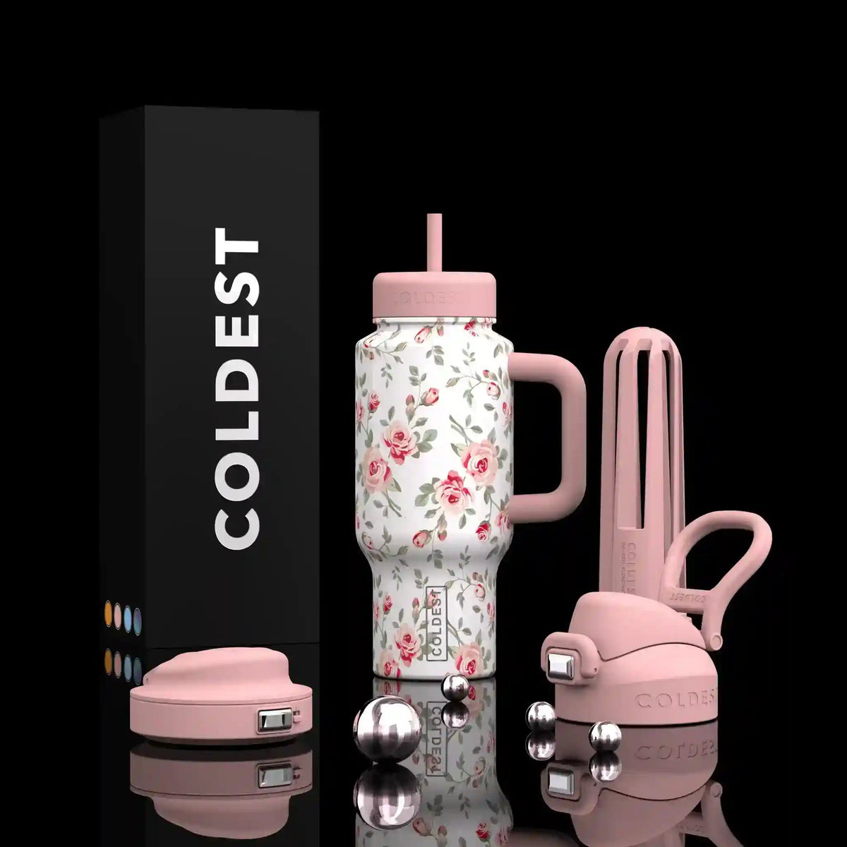 Coldest Limitless Ultra v8 24oz tumbler with pink petal design, stainless steel insulated travel mug with lid.