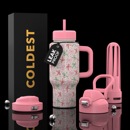 Coldest 24oz Limitless Ultra v8 pink insulated tumbler with lid, designed for hot and cold beverages.