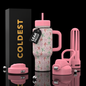 Coldest 24oz Limitless Ultra v8 pink insulated tumbler with lid, designed for hot and cold beverages.