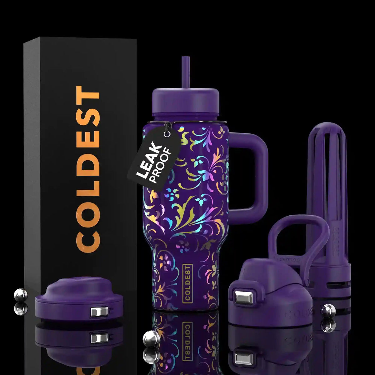 Coldest Limitless Ultra v8 24oz purple floral insulated tumbler with lid, designed for cold beverages, on a white background.