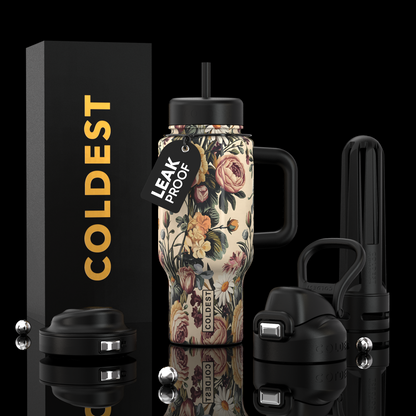 Coldest Limitless Ultra v8 24oz water bottle with pink rose design and secure lid, ideal for hydration and outdoor use