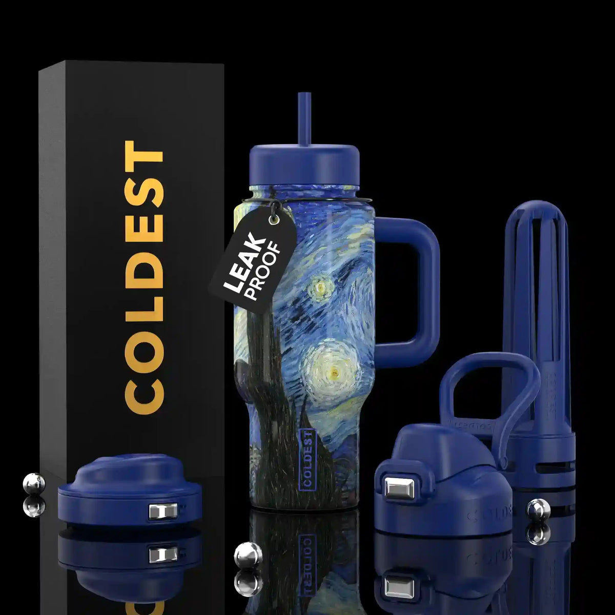 Coldest Limitless Ultra v8 24oz tumbler with a starry night design in blue and black, durable stainless steel travel mug.