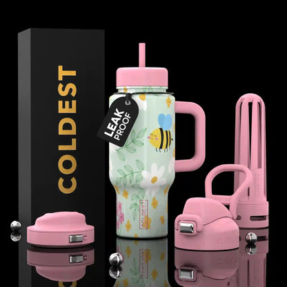 Coldest 24oz Limitless Ultra V8 tumbler with a bee sting graphic, featuring a sleek black design and durable stainless steel construction.