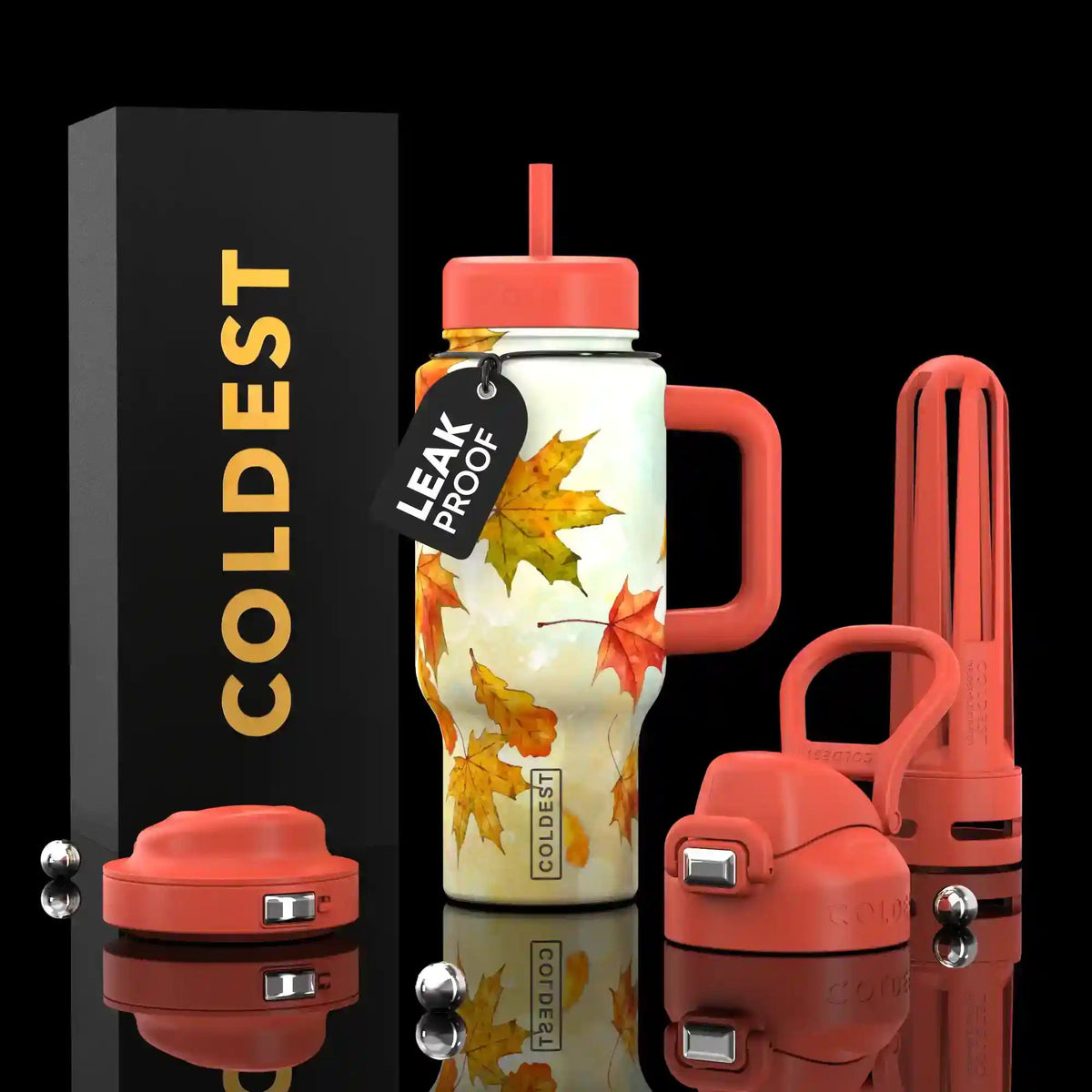 Coldest Limitless Ultra v8 24oz tumbler with fall-themed design, showcasing a sleek, durable travel mug for beverages.