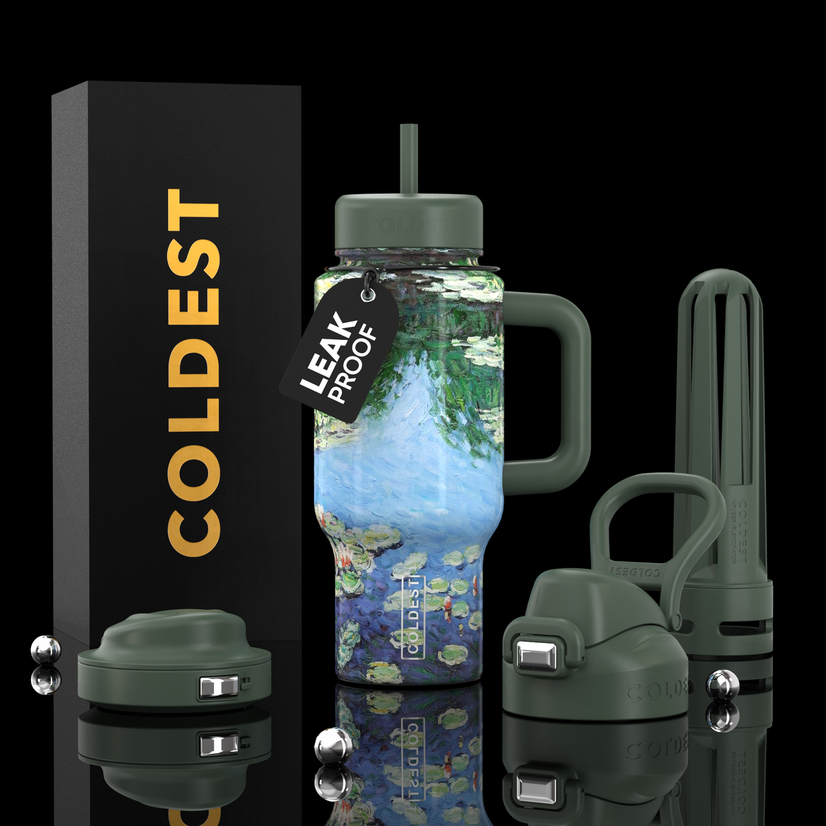 Coldest Limitless Ultra v8 24oz water bottle with a vibrant water lilies design on the surface.