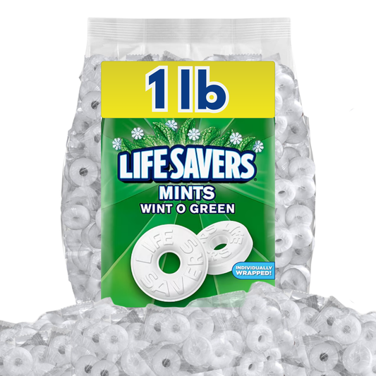 Life Savers Mints Wint-O-Green candy in a bulk value bag from Candy In Bulk, showing bright green mints in clear packaging.