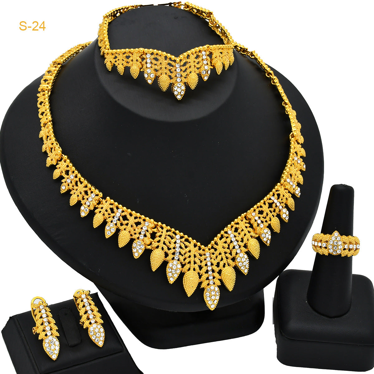 Women's Saudi bridal necklace, bracelet, earrings and ring four-piece jewelry set in gold tone