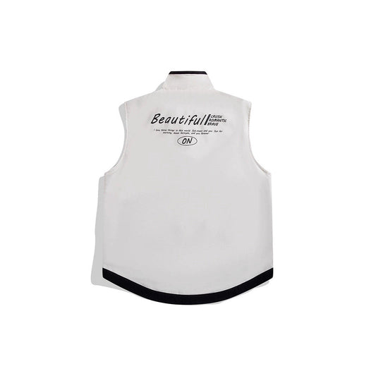Color-block reversible vest jacket with contrasting panels and sleeveless design