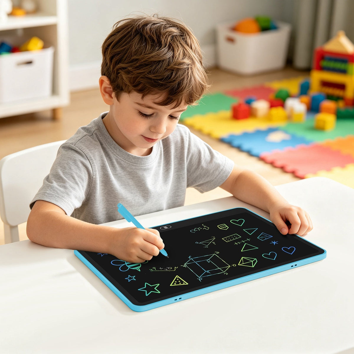 GBruno Store LCD writing tablet for kids with stylus and lock function, showing a colorful digital drawing on the screen.