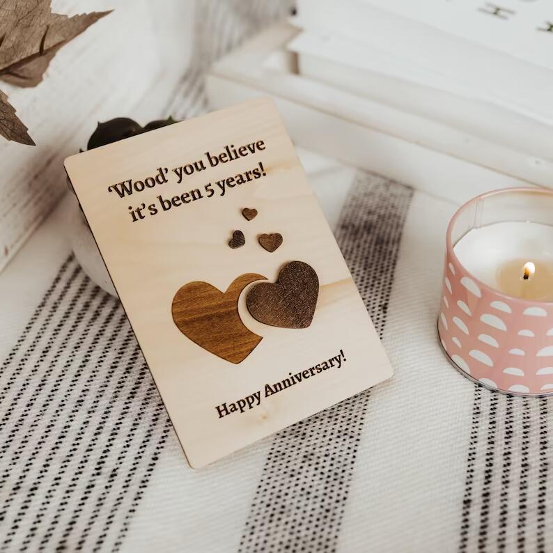 Wooden carving wedding anniversary invitation card, engraved decorative design.