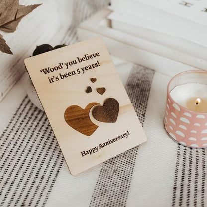 Wooden carving wedding anniversary invitation card, engraved decorative design.