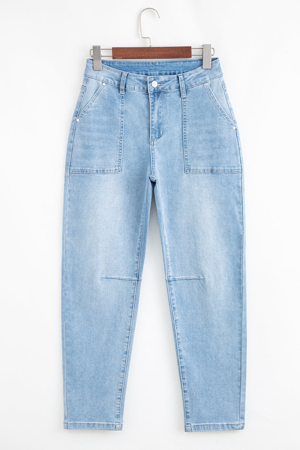 Light blue Lacey Relaxed Patch Jeans by Threaded Pear, featuring lace details and a relaxed fit, displayed on a mannequin.