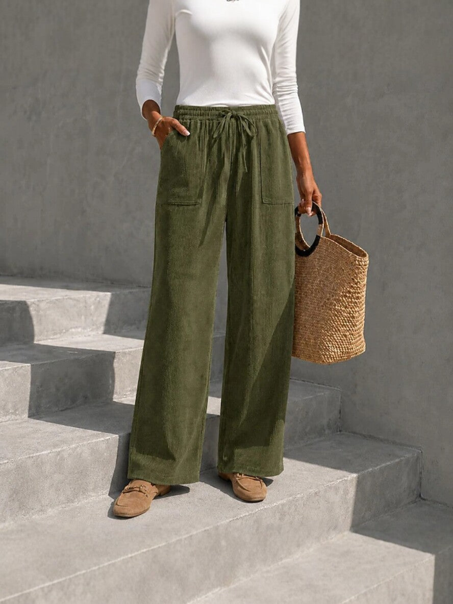 Women's corduroy wide-leg pants with elastic waist and drawstring, loose casual long pants