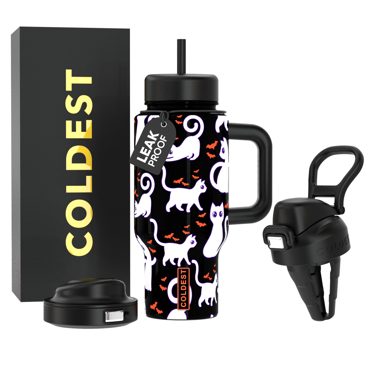 Coldest Limitless Ultra 24oz coffee mug featuring bats and cats design, perfect for hot beverages.