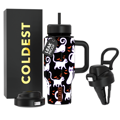 Coldest Limitless Ultra 24oz coffee mug featuring bats and cats design, perfect for hot beverages.