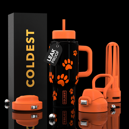 Coldest Limitless Ultra v8 24oz tumbler with pumpkin paws design, stainless steel body, and spill-proof lid for hot and cold beverages.