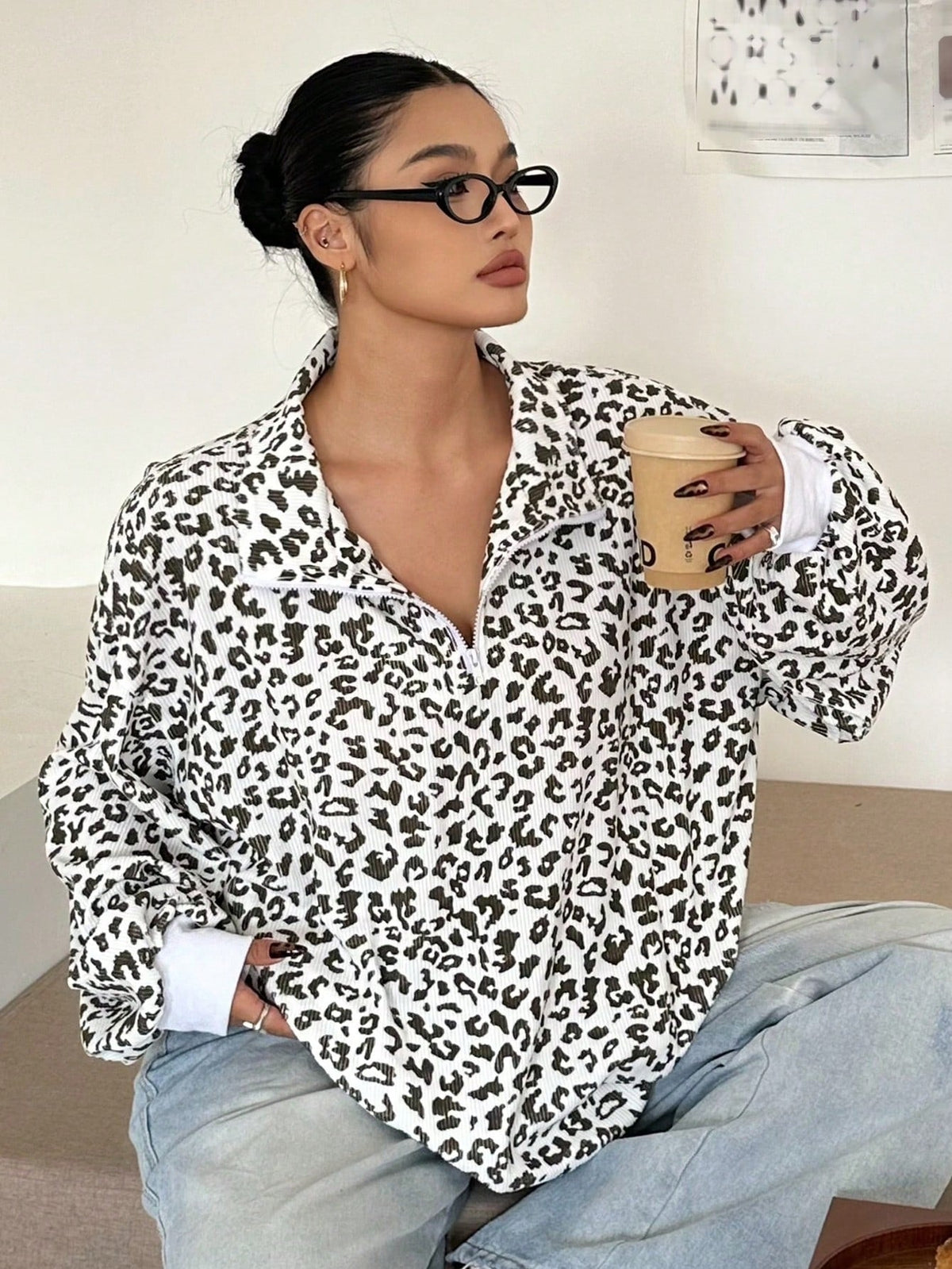 Women's casual corduroy hoodie with leopard print pattern, front view