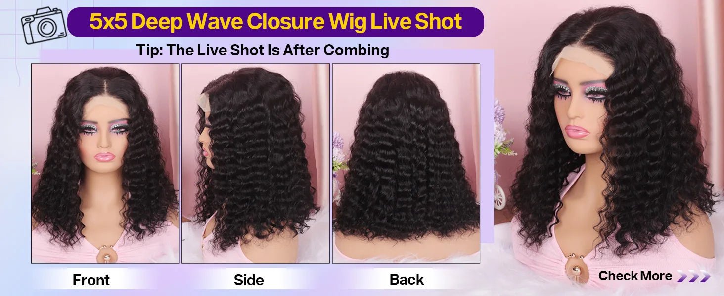 250Density Glueless Short Bob Wig 10 Inch Deep Wave Lace Front Bob Wigs Human Hair 5x5 Glueless Bob Wig Human Hair Ready To Wear.