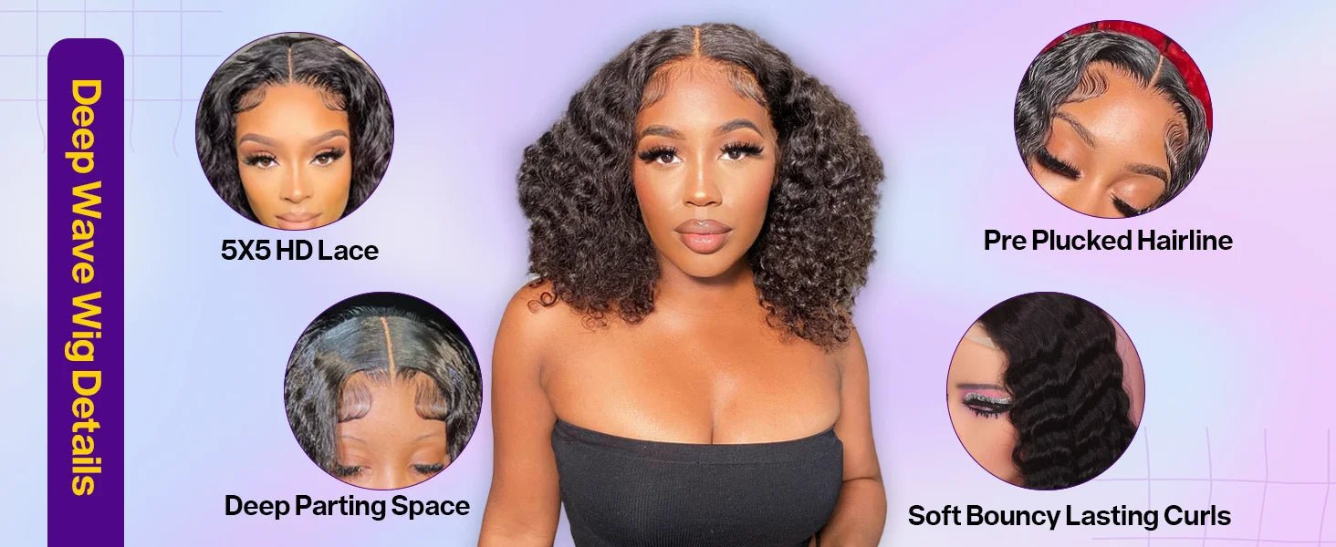 250Density Glueless Short Bob Wig 10 Inch Deep Wave Lace Front Bob Wigs Human Hair 5x5 Glueless Bob Wig Human Hair Ready To Wear.