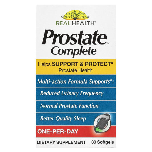 Bottle of Real Health Prostate Complete One-Per-Day softgel vitamins and supplements by Pasteur Pharmacy with 30 capsules