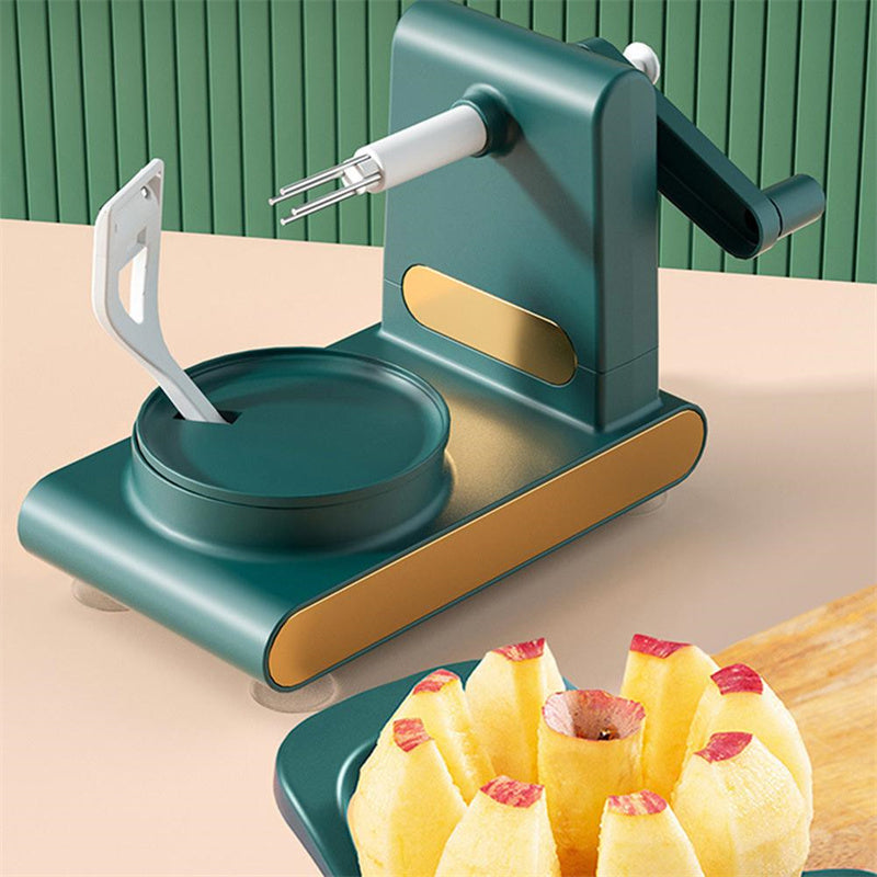 Hand-cranked multifunctional fruit peeler, cutter, slicer, and corer kitchen tool with attachments